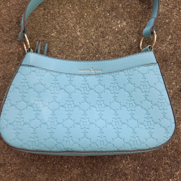 NWOT Nanette Lepore Barri Baguette Baby Blue Embossed Logo Faux Leather Mini Bag - Picture 5 of 14
